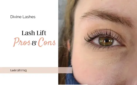 Ojo con pestañas levantadas, texto "Lash Lift Pros & Cons". Considera las desventajas del lifting de pestañas antes de decidir.