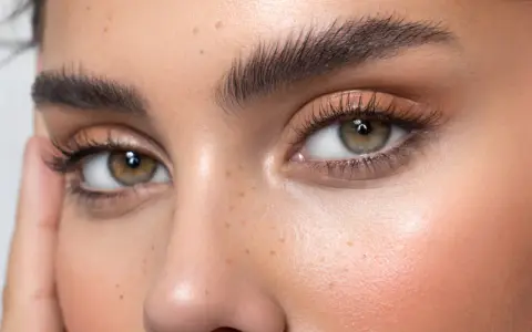 Ojos expresivos con pestañas largas y cejas perfectamente definidas tras un tratamiento de teñir cejas. Piel con pecas y rubor sutil.