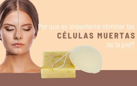 Rostro dividido mostrando el antes y después de eliminar células muertas de la piel. Jabón y esponja de exfoliación.