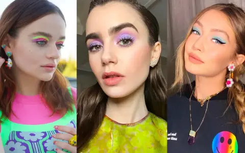 Tres looks de maquillaje de ojos colorido: neón vibrante, lavanda soñador y turquesa audaz.