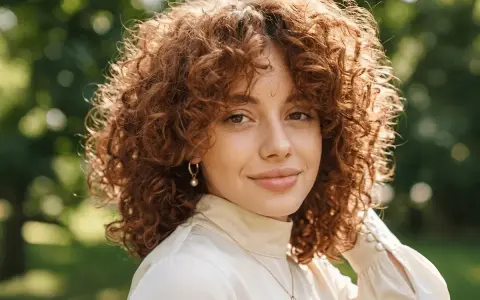 Mujer sonríe con cabello rizado y pelirrojo, luciendo cortes para pelo ondulado que realzan su volumen y textura.