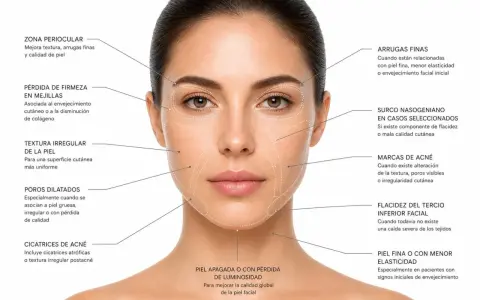 Mujer con zonas faciales marcadas, indicando problemas de piel y posibles tratamientos de radiofrecuencia.