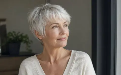 Mujer con pelo corto blanco moderno, sonríe mirando a la ventana.