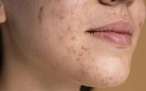 Primer plano de una cara con acné, mostrando cómo quitar granos de la cara.