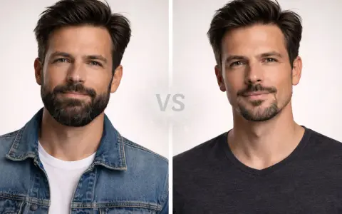 Hombre con bigote y perilla, comparando dos estilos de barba.