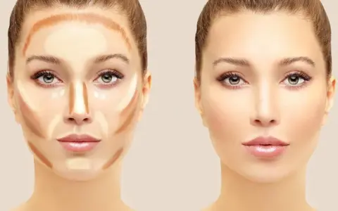 Demostración de contorno facial: antes y después. El lado izquierdo muestra la aplicación de maquillaje para definir los pómulos y la nariz. El lado derecho muestra el resultado final.