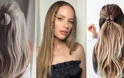 Peinados aesthetic: moño alto pulido, trenzas finas enmarcando el rostro y recogido trenzado con detalles.