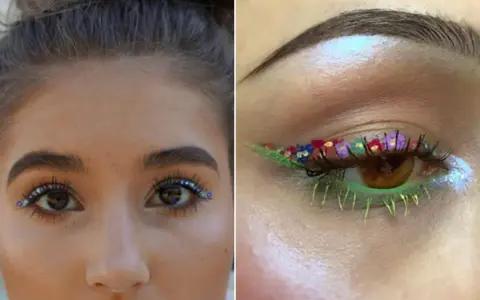 Ojo maquillaje hippie con flores y brillos. Delineado verde con pétalos de colores y pestañas inferiores neón.