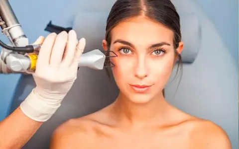 Tratamiento láser para ojera vascular. Una mano enguantada aplica un dispositivo en la zona del ojo de una mujer.