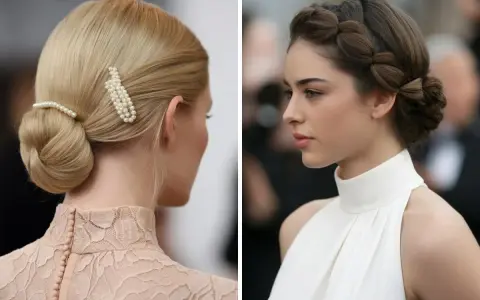Dos mujeres con peinado elegante y vestido de cuello alto. Una luce un moño bajo con pasadores de perlas, la otra una trenza elaborada.