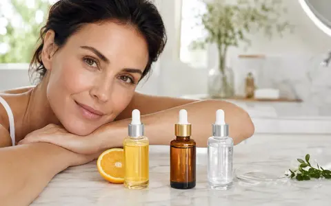 Rutina de belleza: retinol por la noche y vitamina c por la mañana. Mujer sonriente con tres frascos de suero y una rodaja de naranja.