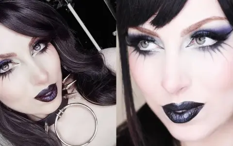 Maquillaje gótico sencillo con sombras moradas y negras, delineado dramático y labios oscuros.