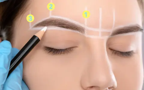 Guía para depilarse las cejas: un lápiz marca el contorno, con números indicando puntos clave.