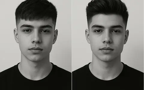 Dos retratos de un joven con cortes de pelo diferentes: uno con flequillo y un desvanecido bajo, el otro con el pelo peinado hacia arriba y un desvanecido bajo.