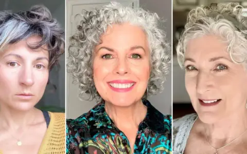 Tres mujeres con cortes de pelo rizado, mostrando estilos modernos para mujeres de 60 años.