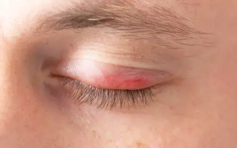 Un grano en la ceja que duele, inflamado y rojo, cerca de las pestañas.