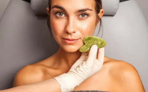 Una mano enguantada aplica una piedra de jade en la mejilla de una mujer, mostrando los beneficios del masaje facial para una piel radiante.