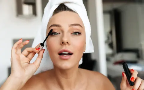 Mujer con toalla en la cabeza aplicándose máscara de pestañas como parte de su rutina maquillaje.