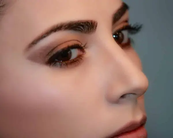 Primer plano de un ojo y nariz de mujer con cejas definidas. La pregunta es: cuanto dura la henna en las cejas.