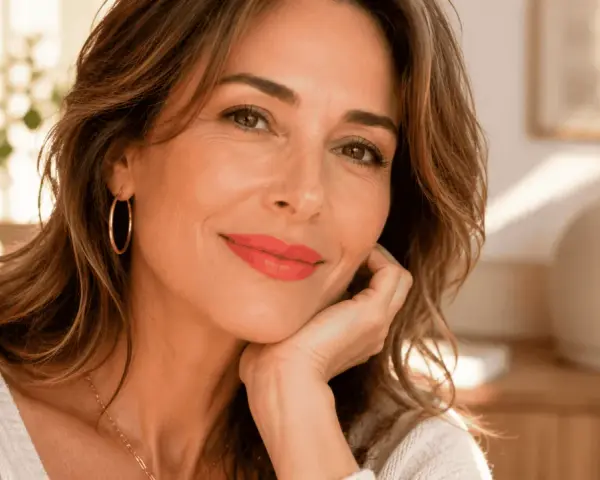 Mujer con maquillaje cálido, labios rojos vibrantes y aretes dorados, apoyando su barbilla en la mano.