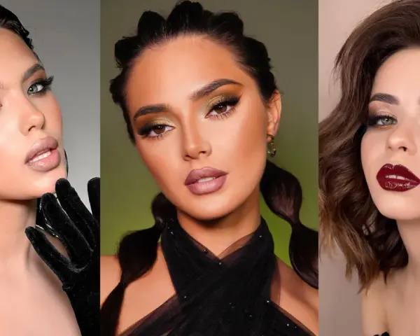 Tres looks de maquillaje para vestido negro: ojos ahumados, dorados y labios rojos intensos.