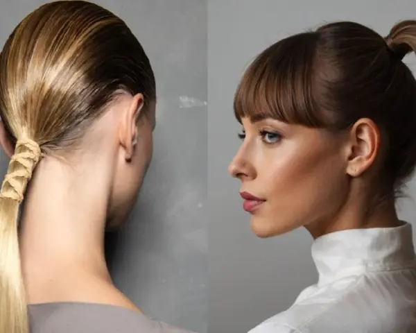 Dos peinados: una cola alta con trenza elegante y otra cola alta pulida.