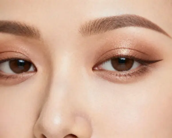 Ojos con un sutil maquillaje ahumado natural, delineado fino y cejas definidas.