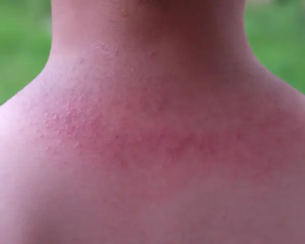 Piel enrojecida con pequeños bultos rojos en el cuello y hombros, indicativo de sarpullido por calor en adultos.