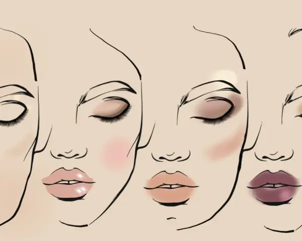 Ilustración de cuatro rostros con diferentes maquillajes de cara, mostrando sombras de ojos, rubor y labiales variados.