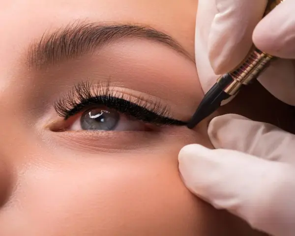 Ojo con delineado **puppy eyeliner** perfecto, realizado con precisión.