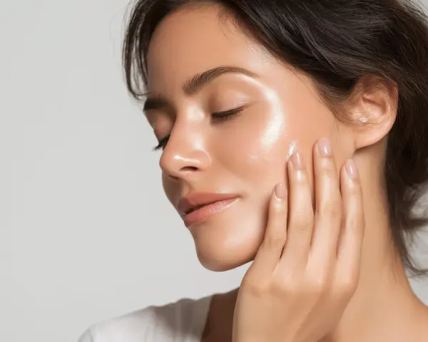 Piel radiante con un brillo saludable, que es glow. La mujer se toca la mejilla con delicadeza.