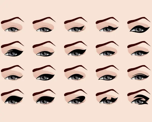 Ilustración de ojos con diferentes estilos de cat eye makeup, desde sutiles hasta dramáticos, mostrando la versatilidad del delineado.