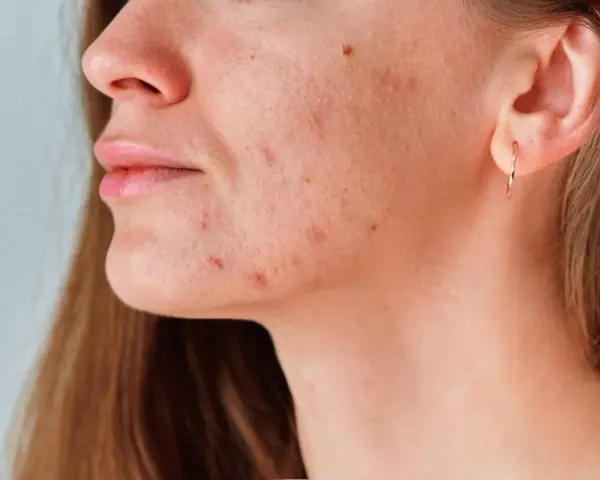 Primer plano de una mujer con marcas de acné en la mandíbula y el cuello.