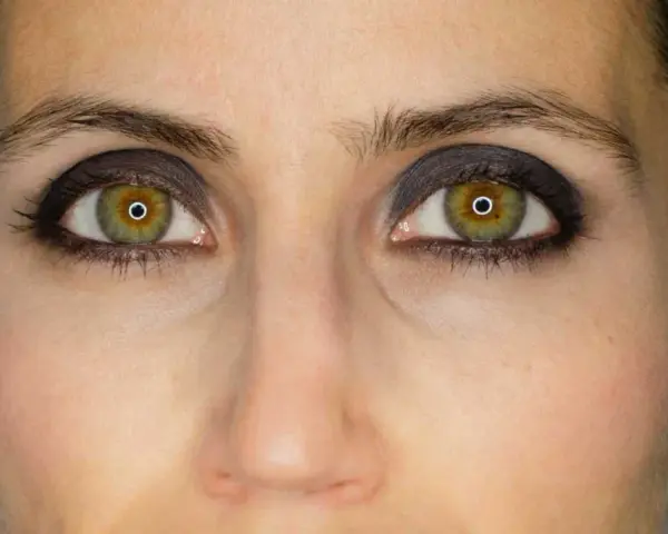 Ojos verdes con un intenso maquillaje negro, resaltando la mirada.