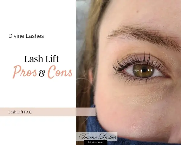 Ojo con pestañas levantadas, texto "Lash Lift Pros & Cons". Considera las desventajas del lifting de pestañas antes de decidir.