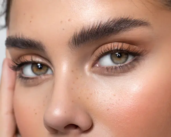 Ojos expresivos con pestañas largas y cejas perfectamente definidas tras un tratamiento de teñir cejas. Piel con pecas y rubor sutil.