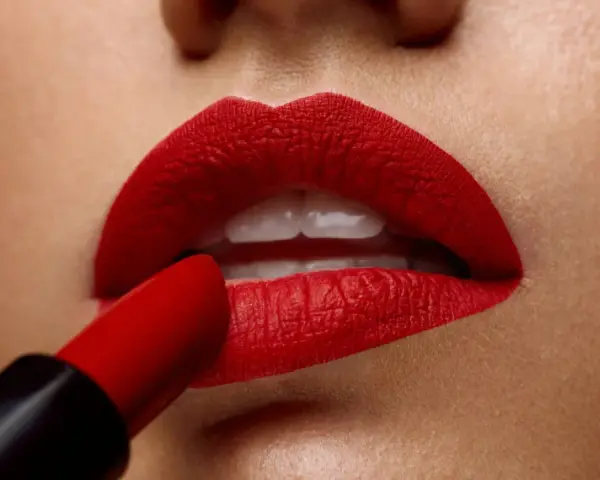 Labios perfectamente definidos con un intenso maquillaje de labios rojos, aplicados con un labial carmesí.