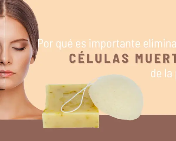 Rostro dividido mostrando el antes y después de eliminar células muertas de la piel. Jabón y esponja de exfoliación.