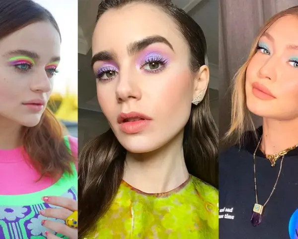 Tres looks de maquillaje de ojos colorido: neón vibrante, lavanda soñador y turquesa audaz.