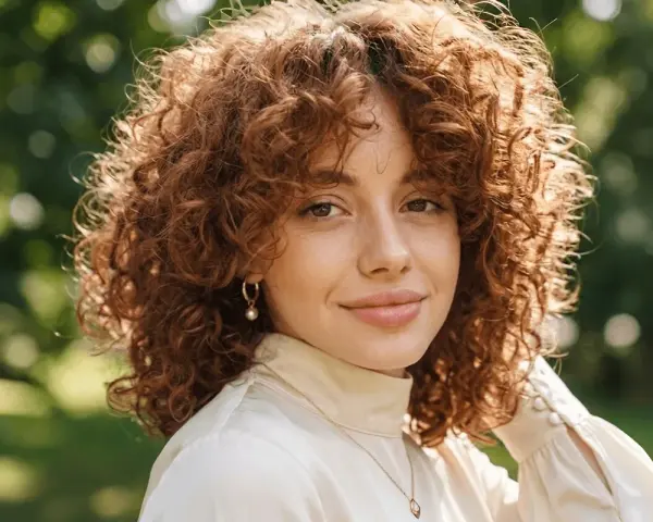 Mujer sonríe con cabello rizado y pelirrojo, luciendo cortes para pelo ondulado que realzan su volumen y textura.