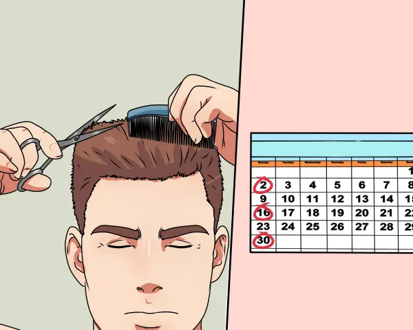 Un hombre se corta el pelo, preparándose para un corte militar. Un calendario muestra fechas marcadas, quizás para citas o recordatorios.