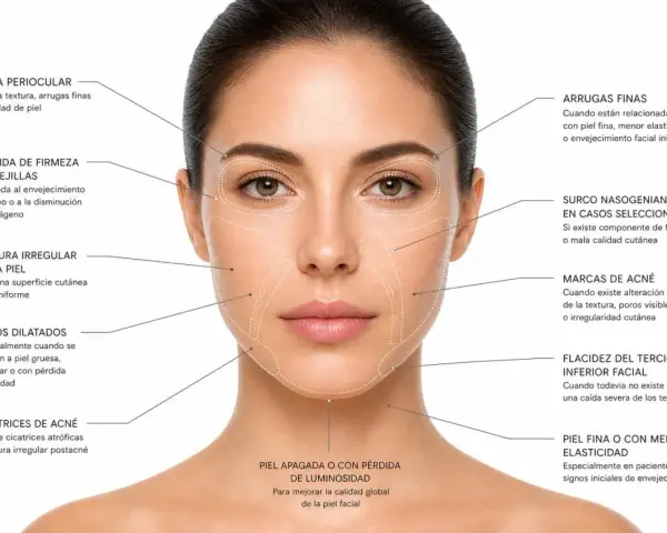 Mujer con zonas faciales marcadas, indicando problemas de piel y posibles tratamientos de radiofrecuencia.