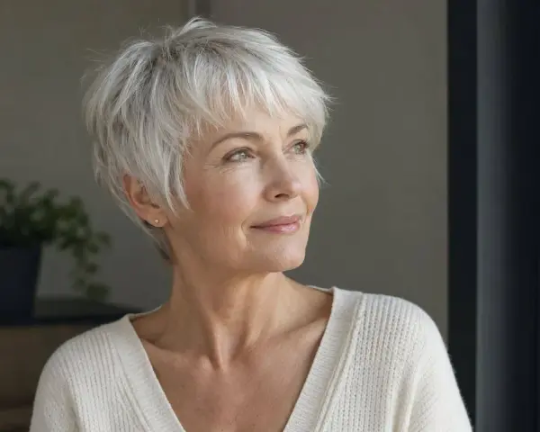 Mujer con pelo corto blanco moderno, sonríe mirando a la ventana.