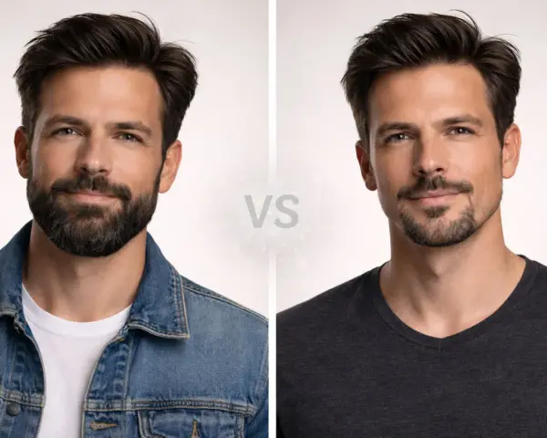 Hombre con bigote y perilla, comparando dos estilos de barba.