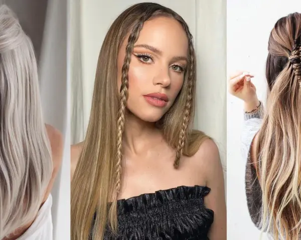 Peinados aesthetic: moño alto pulido, trenzas finas enmarcando el rostro y recogido trenzado con detalles.