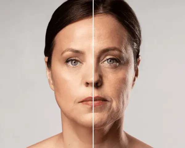 Comparación de un rostro joven y tonificado con uno envejecido, mostrando el efecto del tiempo y la posibilidad de tonificar cara.