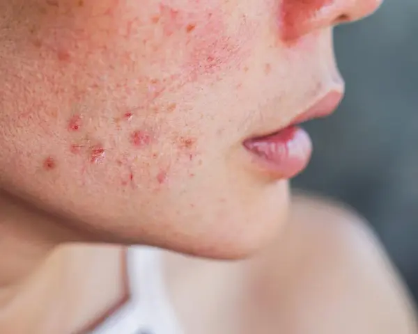 Primer plano de una mejilla con enrojecimiento y varias espinillas XXL infectadas, algunas con pus visible.