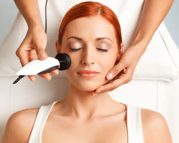 Mujer recibiendo tratamiento de radiofrecuencia facial. La cantidad de cuantas sesiones de radiofrecuencia facial son necesarias varía según el caso.