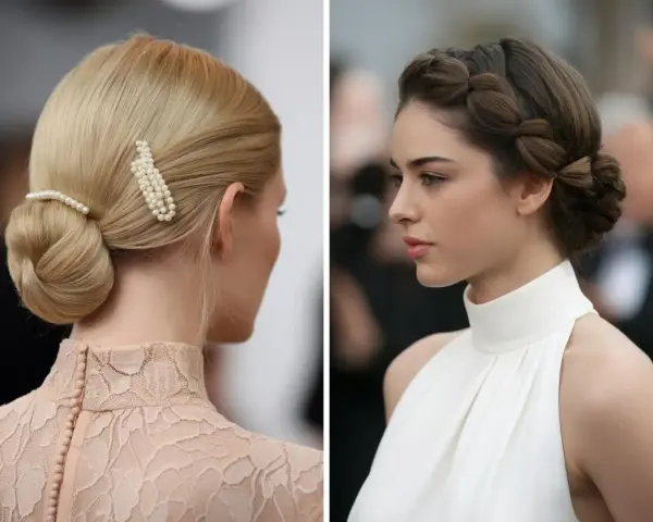 Dos mujeres con peinado elegante y vestido de cuello alto. Una luce un moño bajo con pasadores de perlas, la otra una trenza elaborada.