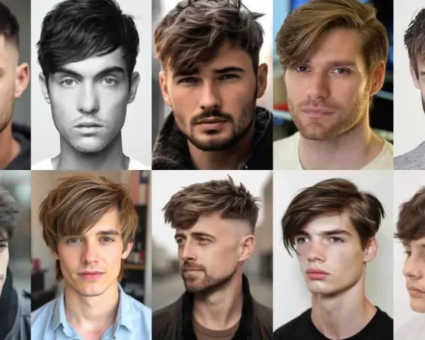 Collage de hombres con diversos diseños corte de pelo hombre, desde degradados modernos hasta estilos con flequillo y texturas variadas.